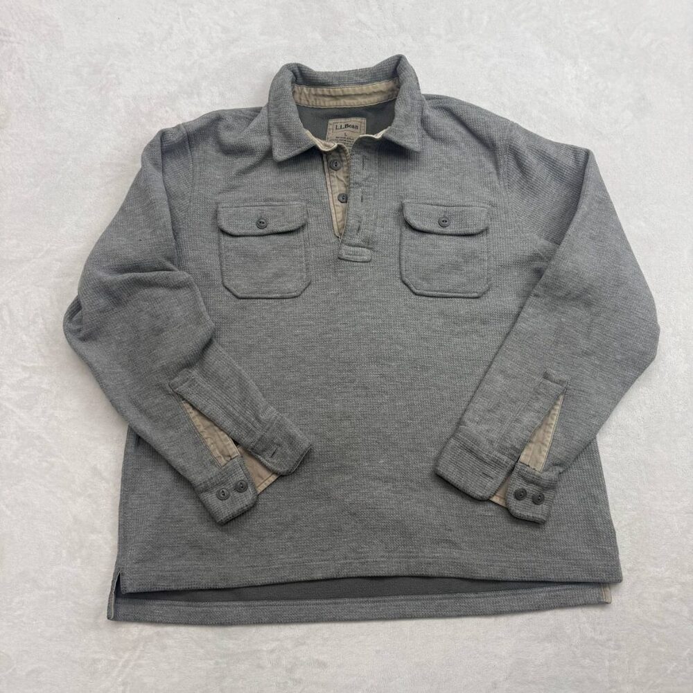 L.L. Bean Men's Quarter Button Pullover Sweater Grey Size L Waffle Knit Fleece